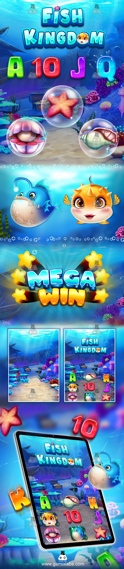 Slot Game Theme Character by Gamix Labs 2d artwork animation fish kingdom slot art game characters game development gamix labs illustration slot slot art slot character slot game character ui