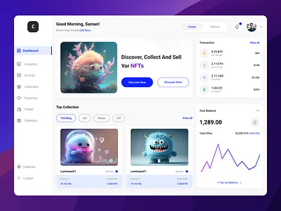 NFT Management Dashboard asset bitcoin concept crypto dashboard design ethereum illustration light mode minimal money nft nft dashboard nft design saas swap trading ui ux