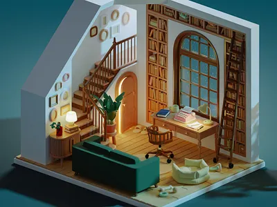 Rainy room 3d blender blender3d design illustration isometric library low poly low poly rainy render room