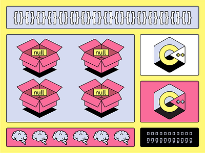 С++ illustration set box brain c code edtech eye flat illustration media minimal object oriented programming programming programming language skillbox vector web