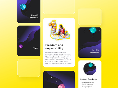 Faster Than Light website redesign amorphous style cards design corporate values design graphic elements illustrated cards mobile app photo stickers photo stickers on cards planets illustrations usage space style user interface waves illustrations on cards web site