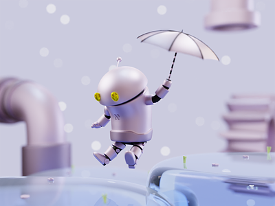 Little Robot Umbrella 3D 3d animation art blender cartoon character cute design illustration little motion render robot umbrella