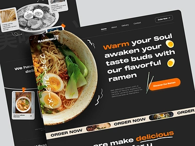 Ramenku - Ramen Restaurant Order Landing Page branding clean dark theme design food app graphic design illustration japan japanese style landing page orange order app ramen ui ux web