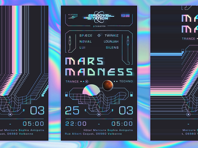 MARS MADNESS // Poster 4th dimension cockpit cosmos electronic music event futuristic glitch graphic design groove madness mars music event planet poster rocket cockpit space station space trip spaceship station techno
