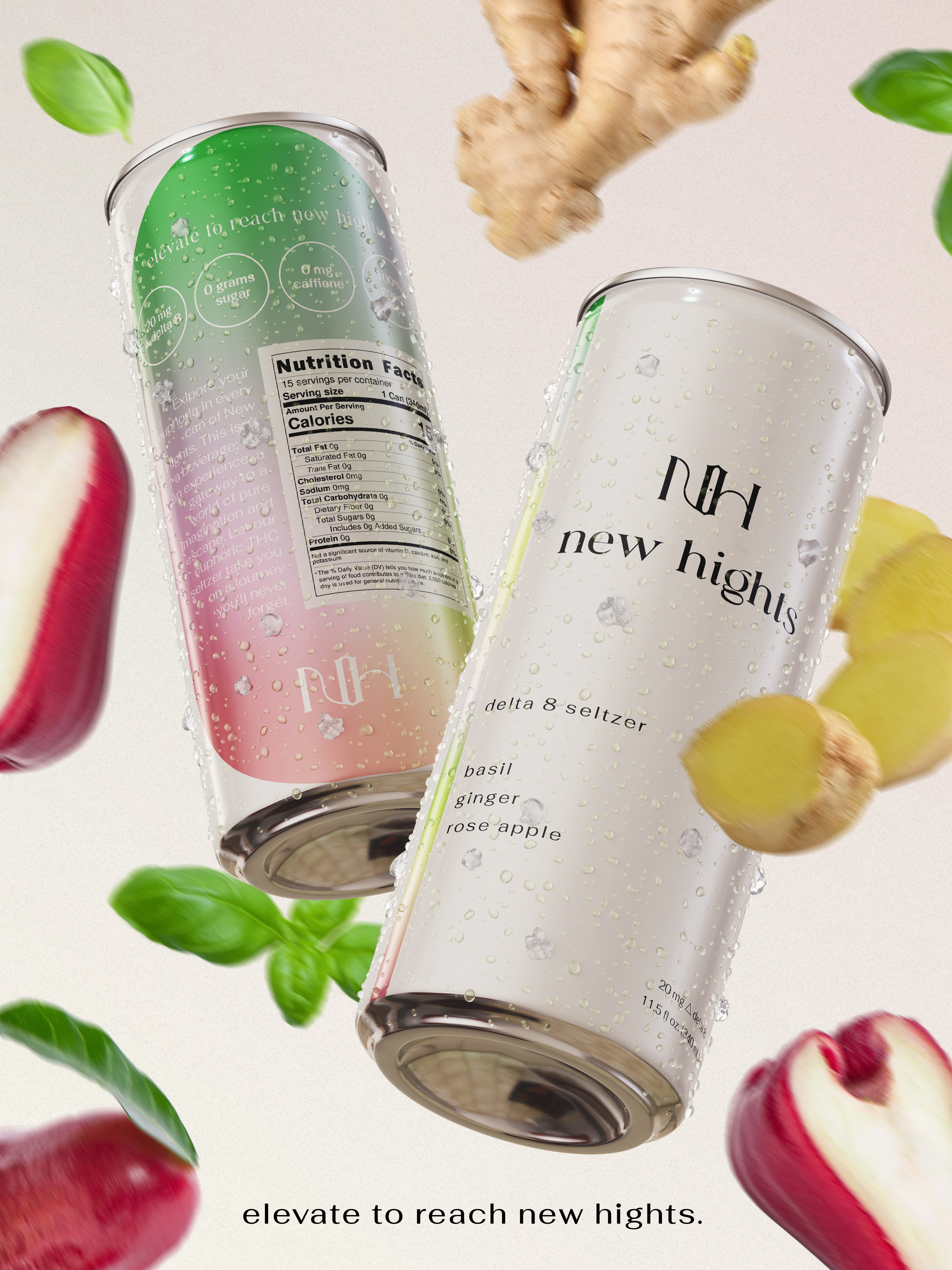 New Hights - Basil, Ginger, Rose Apple Graphic Advertisement 3d advertisement animation beverage ad brand inspiration branding design drink ad drink advertisement graphic design illustration logo packaging desgin photoshop typography