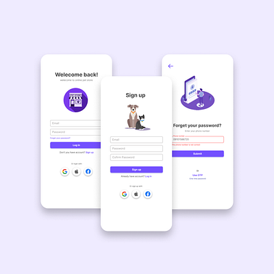 Sign up and login page for a pet shop website. app figma product design ui ux web