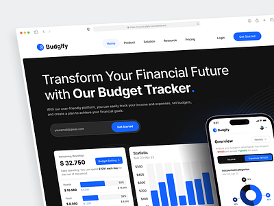 Budgify - Budget Tracker Hero Section accounting analytic budget budget tracker chart component expense finance fintech hero section income mockup money manager product spending tracker transaction transfer wallet web design