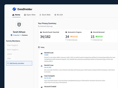 DataShielder - Data Protection Web Apps - Home (Style Option) account dashboard data leak design guard information mobile app personal platform privacy private protect protection safety security shield ui design uiuxdesign web apps website