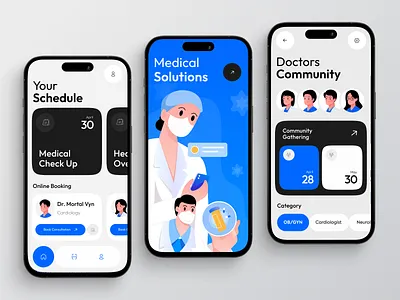 Medic - Medical Healthcare Mobile App 2d illustration black blue design doctor figma graphic design health healthcare hospital illustration landing page medical medical healthcare minimal mobile app mobile design ui vector visual design