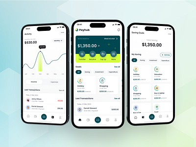 Payhub - Home, Activity, and Saving Goals app banking credit card design ewallet expenses finance finance app finance mobile app financial fintech fintech app income money money management savings transactions ui ui design ux