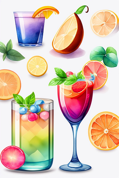 Summer cocktails (watercolor) art clipart design drinks fresh fruit graphic illustration party summer watercolor