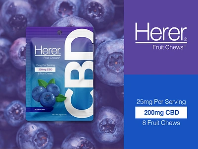 Here Fruit Chews+ CBD Packaging Design - Blueberry berry blue cannabis chews cod fruit graphic design gummies gummy hemo hemp illustration packaging