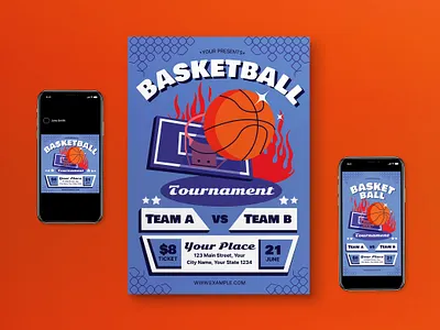 Blue Flat Design Basketball Tournament Flyer Set basketball blue flat design flat design style social media tournament