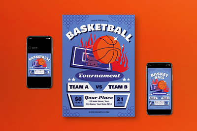 Blue Flat Design Basketball Tournament Flyer Set basketball blue flat design flat design style social media tournament