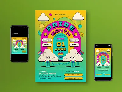 Blue Retro Pride Month Flyer Set social media