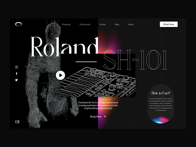 Roland Sh-101 Synthesizer landing Page amplifier audio dark device electro gradients hero section interface landing page midi minimal music musician roland startup synthesizer ui ux web website