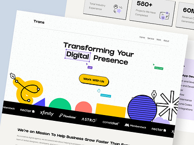 Trans - IT Design Company Landing Page colorful creative agency digital agency figma figma style grifter font homepage landing page minimal page modern web page shapes unique design vintage
