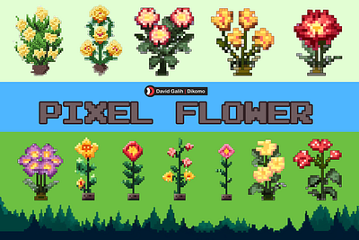 Pixel Art Flower Graphics Set By Dikomo.id art creative market dikomo.id flower game pixel retro vector