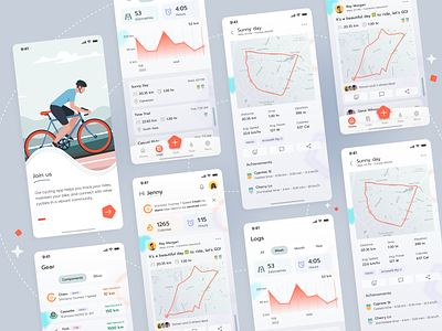 Cycling App animation badge branding cardio cycling design excercise fit fitness graph graphic design illustration list logo map route ui ux vector walking