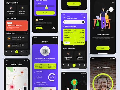 Filllo Parcel Delivery App UI Kit app cargo container courier dark dark design delivery delivery service delivery status delivery truck design filllo logistic mobile parcel parcel delivery shipment shipping ui uidesign