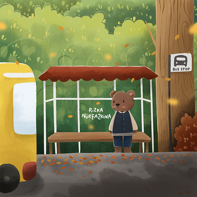 Bear waiting for a bus illustration animal bear character children childrens book childrens illustration cute illustration illustration kids illustration pro create story