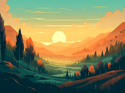 Landscape Vector Beautiful aesthetic forest landscape nature sunset vector art