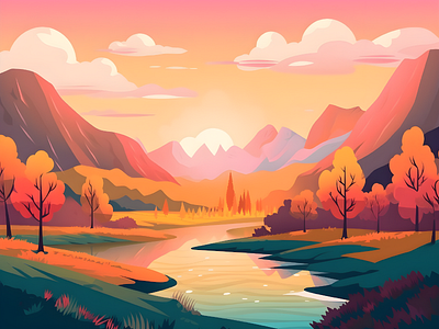 Landscape Vector Beautiful aesthetic forest landscape nature sunset vector art