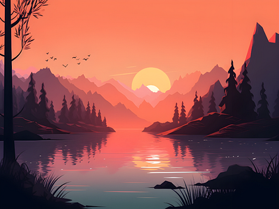 Landscape Vector Beautiful aesthetic forest landscape nature sunset vector art