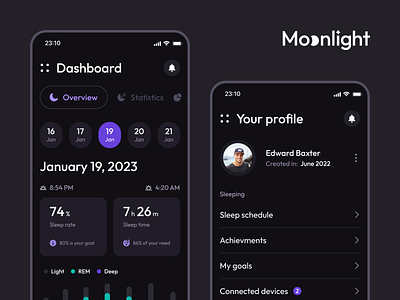 Moonlight 🌙 - Sleep Tracker App clean dark mode dashboard design health tracker illustration interface logo mobile app night product design sleep app sleep tracker statistics track ui ux