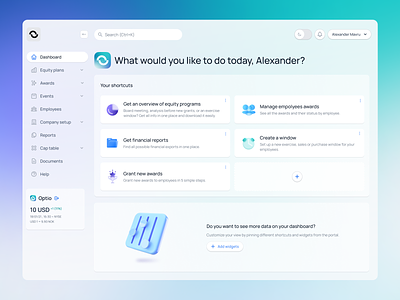 Optio: CA Dashboard app cfo customizable dashboard design employees equity finance fintech hr hr management icons management react shares tiles ui ux widgets