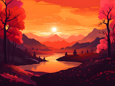 Landscape Vector Beautiful aesthetic forest landscape nature sunset vector art