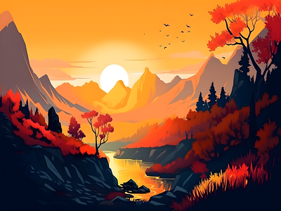 Landscape Vector Beautiful aesthetic forest landscape nature sunset vector art