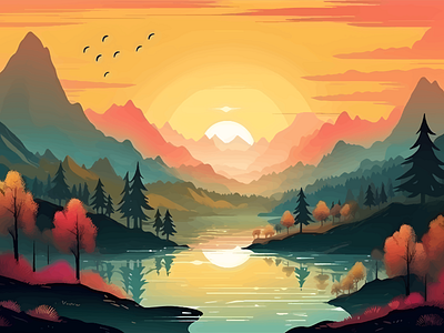 Landscape Vector Beautiful aesthetic forest landscape nature sunset vector art