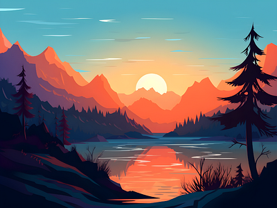 Landscape Vector Beautiful aesthetic forest landscape nature sunset vector art