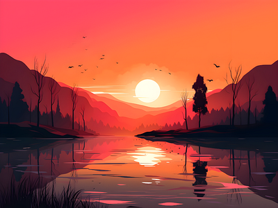 Landscape Vector Beautiful aesthetic forest landscape nature sunset vector art