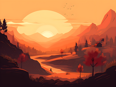 Landscape Vector Colorful aesthetic forest landscape nature sunset vector art