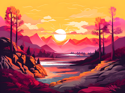 Landscape Vector Colorful aesthetic forest landscape nature sunset vector art