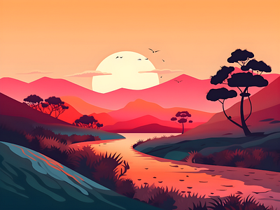 Landscape Vector Colorful aesthetic forest landscape nature sunset vector art