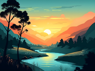 Landscape Vector Colorful aesthetic forest landscape nature sunset vector art