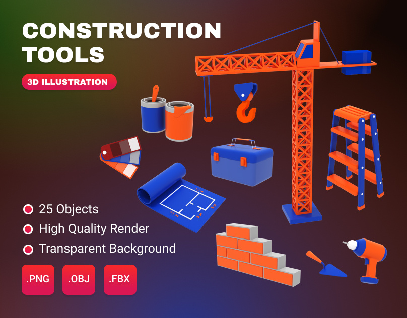 Construction Tools 3D Illustration 3d 3d illustration blender builder businesses construction construction tools contractor graphic design icon icons design illustration logo modeling