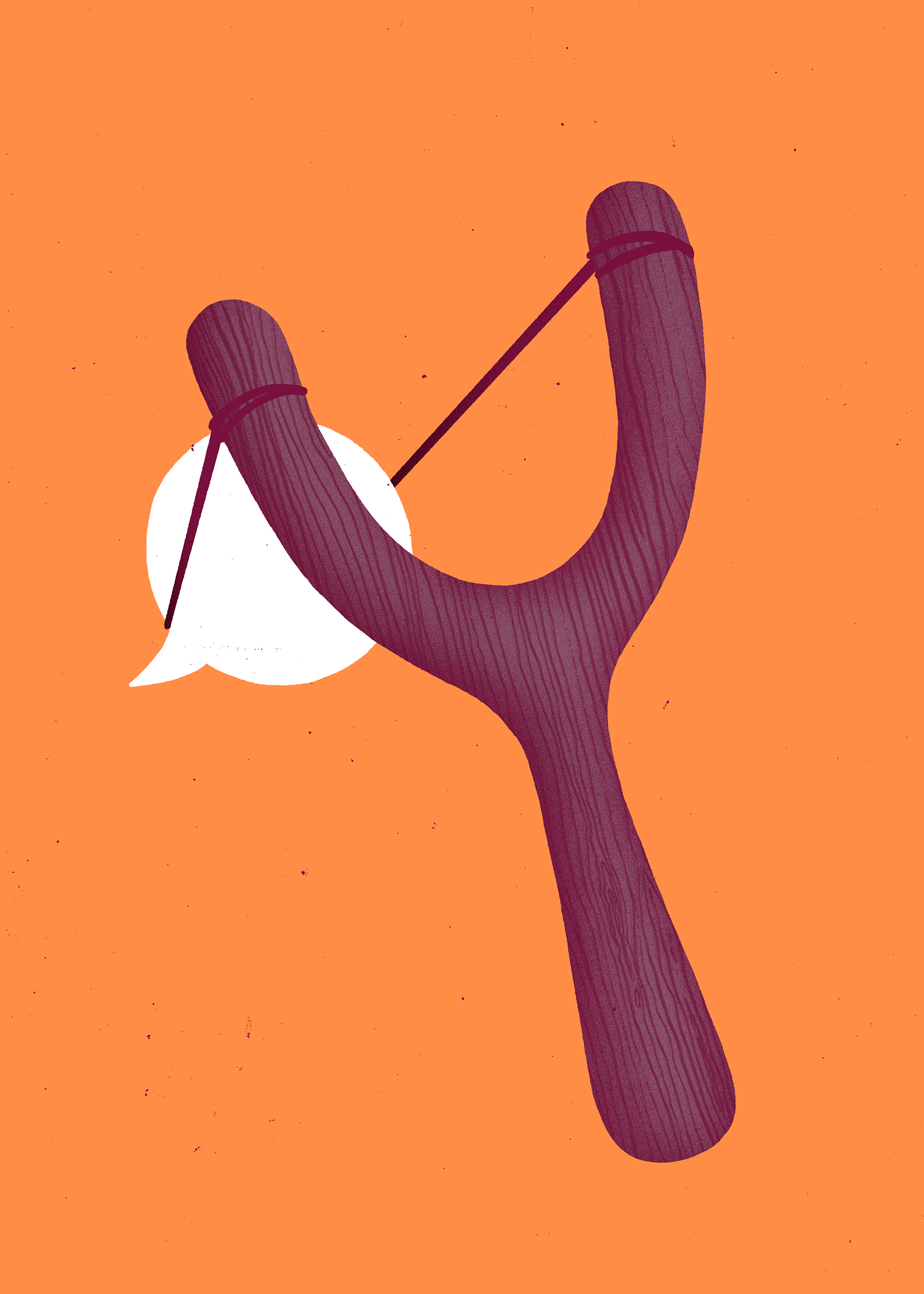 Make an impact bubble catapult communication editorial grain graphic illustration minimal orange purple say shoot slingshot speech spot texture wood