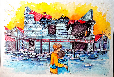 War in Ukraine, watercolor original painting, Children art children hand painted handmade houses kids paint painting people ukraine war watercolor