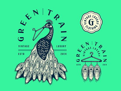 Green | Train branding design detailed doodle drawing feathers graphic design hanger illustration logo pattern peacock thrift thrift shop typography vector