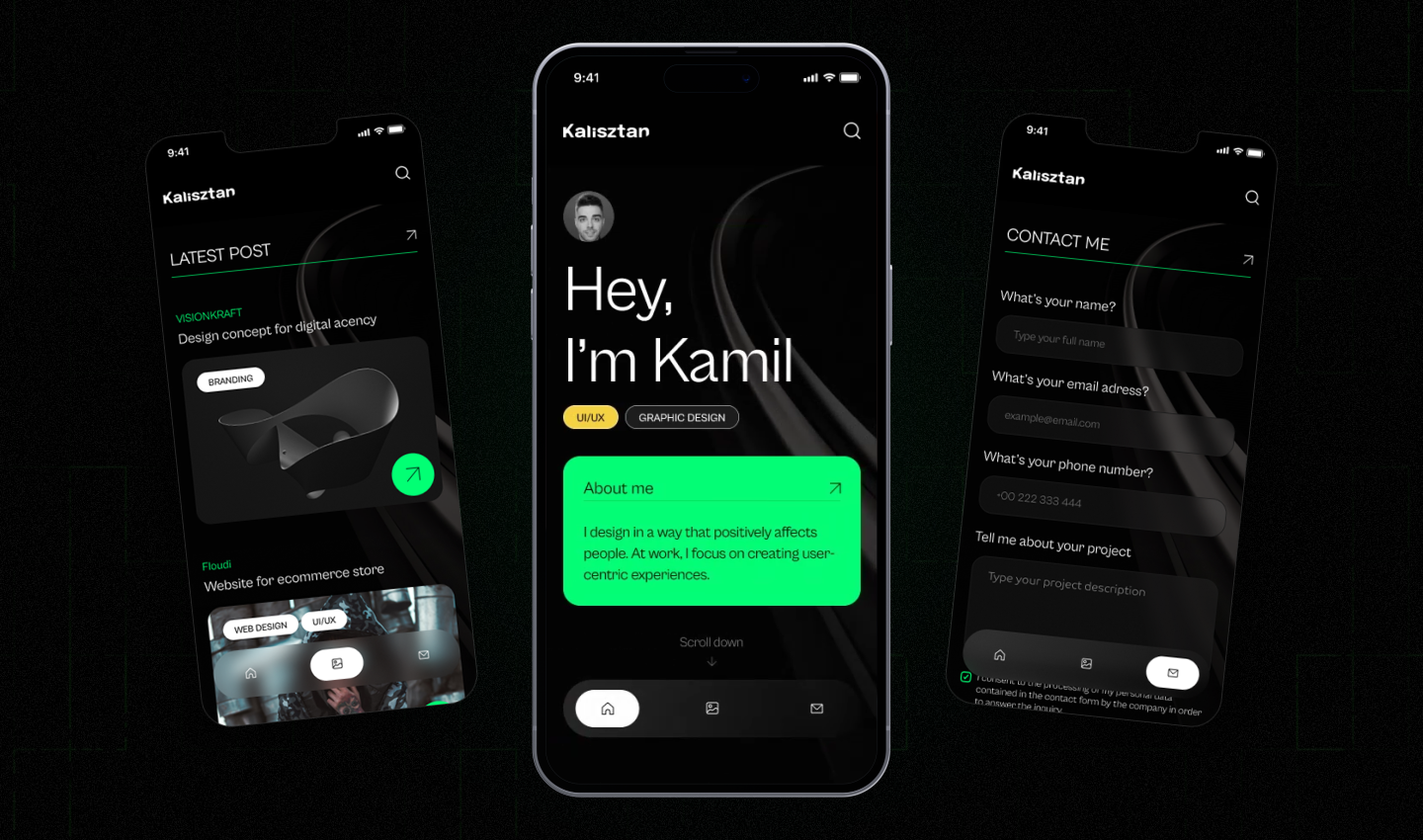 Creative Portfolio App UI Concept android app branding dark design designer furniture graphic interface ios motion design portfolio ui user experience user interface web design website