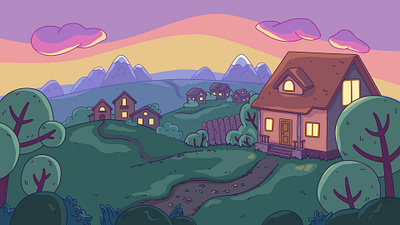 Сartoon landscape of a village in the mountains at sunset cartoon countryside environment flat illustration green house illustration landscape mountains pink sunset vector village