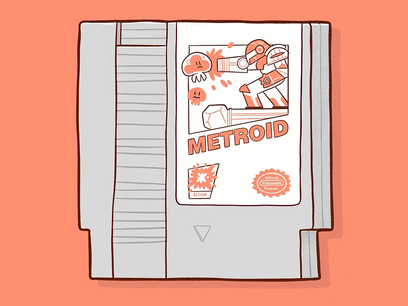 Metroid (NES Cartridge Series) alien blake stevenson cartoon character design cute design games illustration jetpacks and rollerskates logo metroid retro series tech ui video games