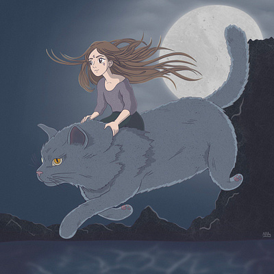 Just a girl flying on a cat anime cartoon cat cute digital art girl illustration procreate