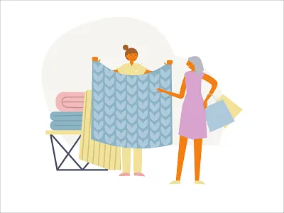 In home textile department buy comfort cozy design flat illustration select shopping textile vector woman