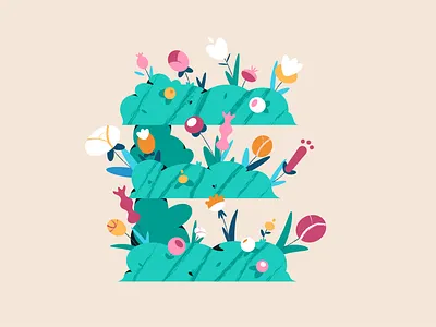 36 Days of Type - E brush bushes color design earth planet fields flat design flat illustration flowers grass green illustration nature nature lover pink travel