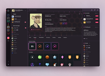 DAO Dashboard Badges Profile | Sapien Nation application badge bitcoin btc coin collection crypto dao dark dashboard decentralization eth ethereum logo menu nft profile side menu trading ui
